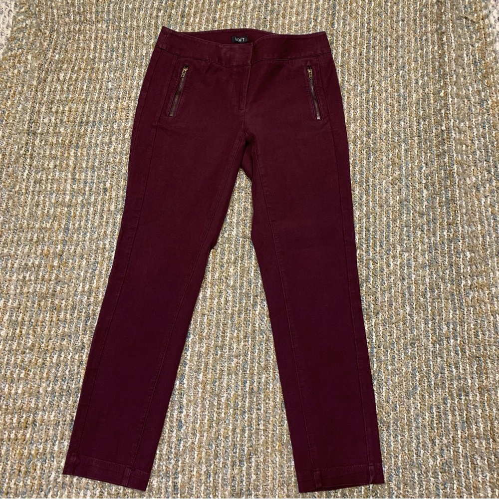 LOFT julie SKINNY Maroon Ankle Pants Front Zipper Pockets Cotton Spandex Stretch